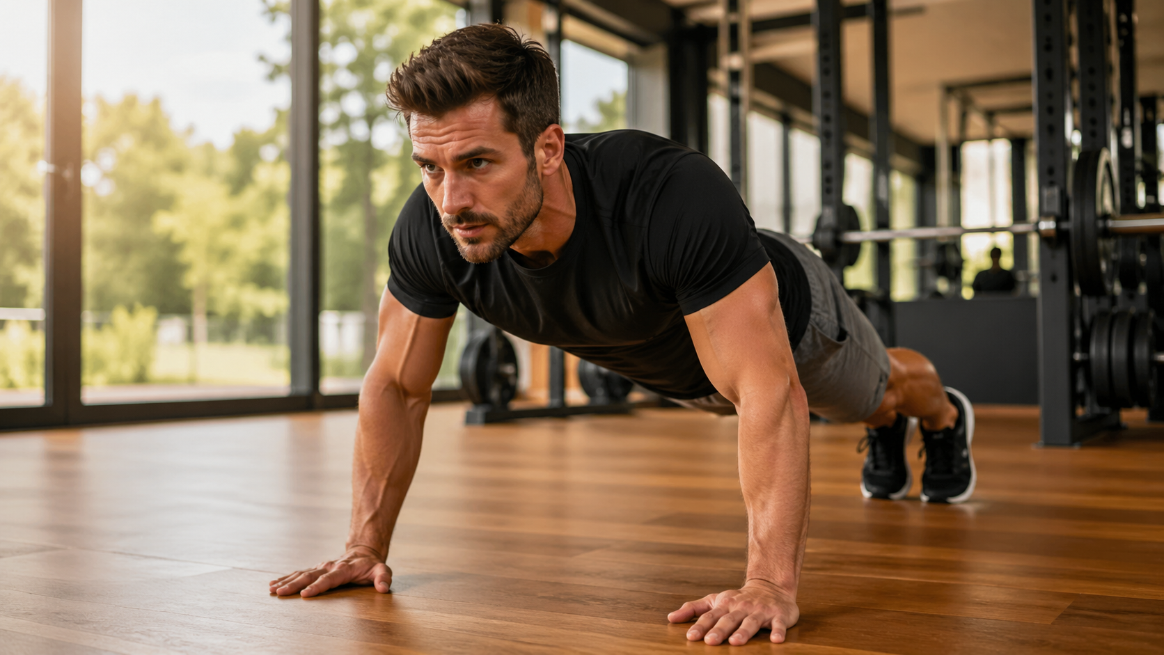 Athlete musclé en position de pompe classique avec corps aligné, salle de musculation moderne