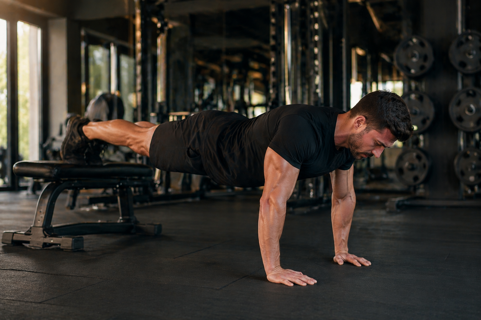 Athlete en position de pompes pieds surélevés sur banc de musculation, salle de sport moderne
