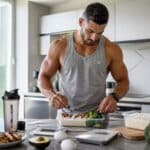 Sportif preparant son repas de seche musculation : poulet, riz, brocoli, avocat, oeufs, balance alimentaire et shaker de proteine