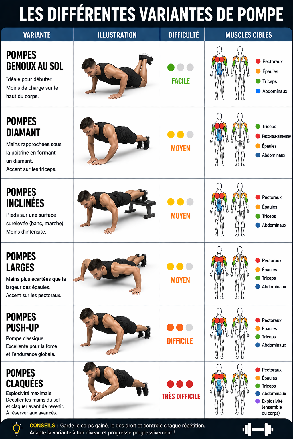 Infographie illustrant 6 variantes de pompes avec photos, niveau de difficulte et schema anatomique des muscles cibles