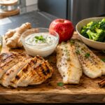 Aliments brûle-graisse : planche en bois avec poulet, poisson, fromage blanc, pomme, brocoli, thé vert, piments et épices
