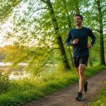 Coureur débutant en pleine séance d'alternance marche-course sur un sentier de parc au lever du soleil