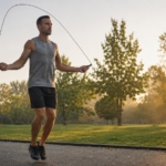 Homme qui saute a la corde en exterieur dans un parc a l'aube