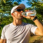 Coureur s'hydratant à la gourde sous le soleil estival dans un parc