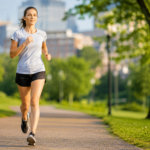 Coureuse debutante en seance de course a pied dans un parc en ete