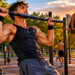 Pratiquant de street workout en train d'effectuer une traction dans un parc en plein air