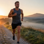 Coureur athletique s'entrainant au lever du soleil dans un chemin de campagne, exemple de cardio à jeun matinal