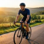 Cycliste débutant en tenue bleu marine sur route de campagne au lever du soleil