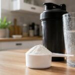 Cuillère doseuse de créatine monohydrate en poudre à côté d'un shaker et d'un verre d'eau dans une cuisine moderne
