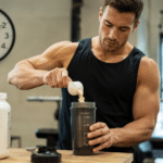 Sportif preparant un shaker de whey apres sa seance de musculation, avec une horloge en arriere-plan