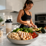 Femme sportive preparant un repas fitness sain avec poulet grille, riz complet, brocolis et ingredients frais