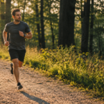Coureur reprenant la course a pied en foret au lever du soleil