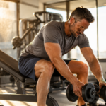 Homme athletique en salle de musculation ajustant des halteres, moment de reprise apres une pause
