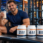 Coach sportif en salle de musculation avec un shaker de proteines et trois pots de BCAA aux ratios 2:1:1, 4:1:1 et 8:1:1