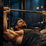 Homme execute un developpe couche a la barre en salle de musculation